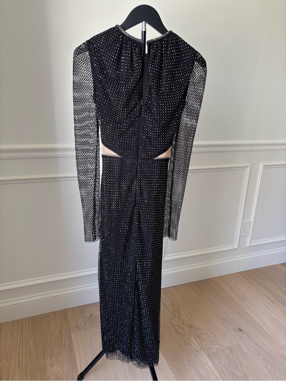 Self-Portrait Black Beaded Mesh Long Sleeve Cutout Midi Dress - Picture 3 of 5
